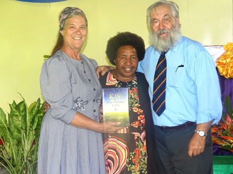 With Betty Napaeha, receiving Bible